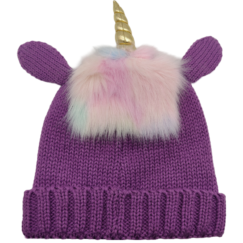 Girl Unicorn Embroider Fake Fur Handmade Acrylic Knitted Caps